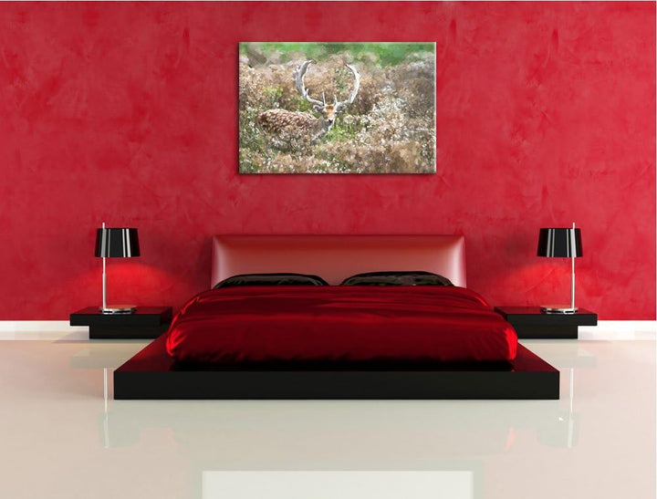 schön gemalter Rehbock in Wiese Format: 120x80 auf Leinwand, XXL riesige Bilder fertig gerahmt mit K
