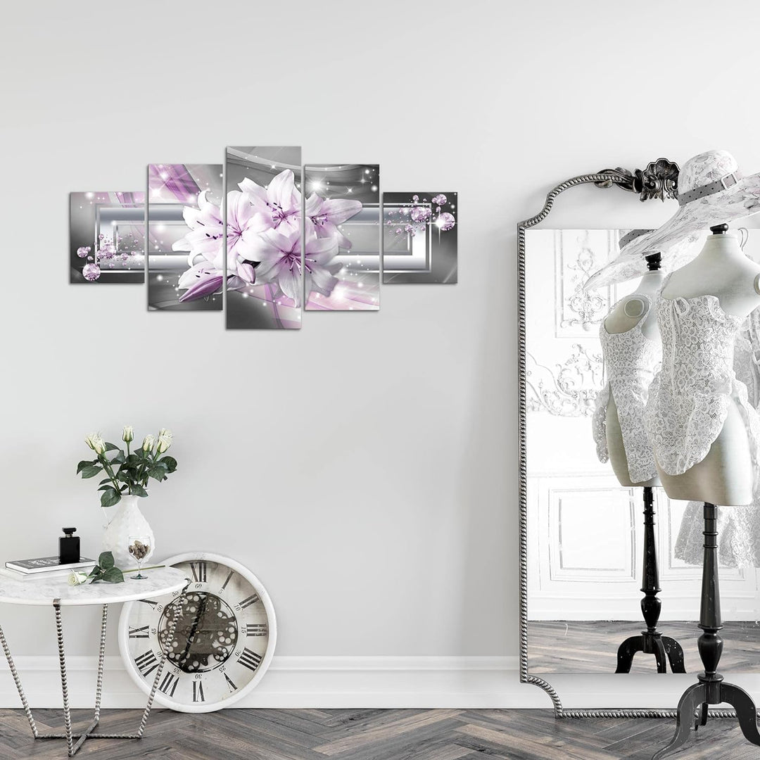 Runa Art Wandbilder Blumen Lilien 5 Teilig Bild auf Vlies Leinwand Deko Wohnzimmer Abstrakt Grau Lil