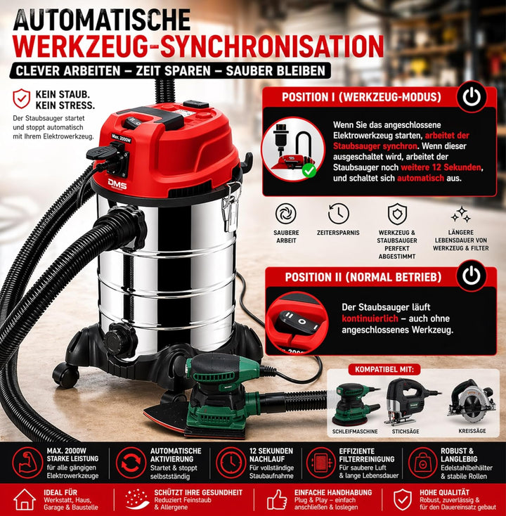 DMS Industriestaubsauger mit 2300 Watt | Nasssauger | Trockensauger | Edelstahl | Blasfunktion | Fil