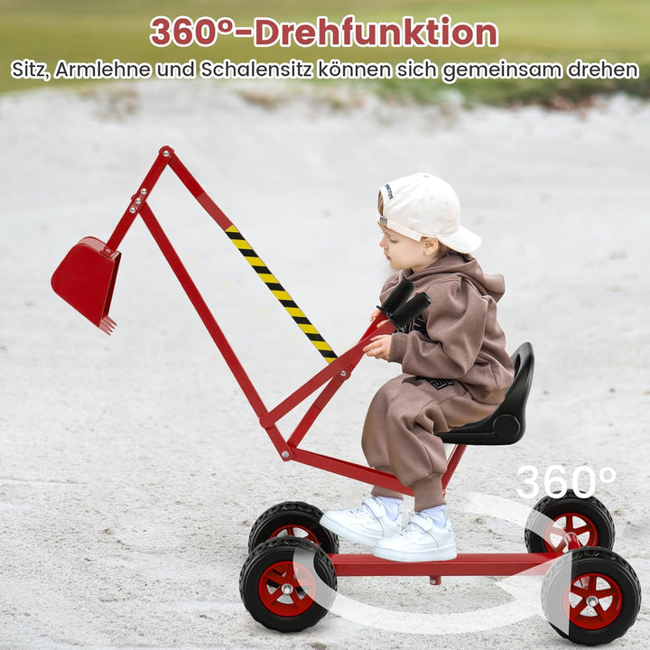 COSTWAY Sitzbagger 360° drehbar, Bagger zum Draufsitzen Metall mit Schaufel & Rädern, Bagger Sandkas