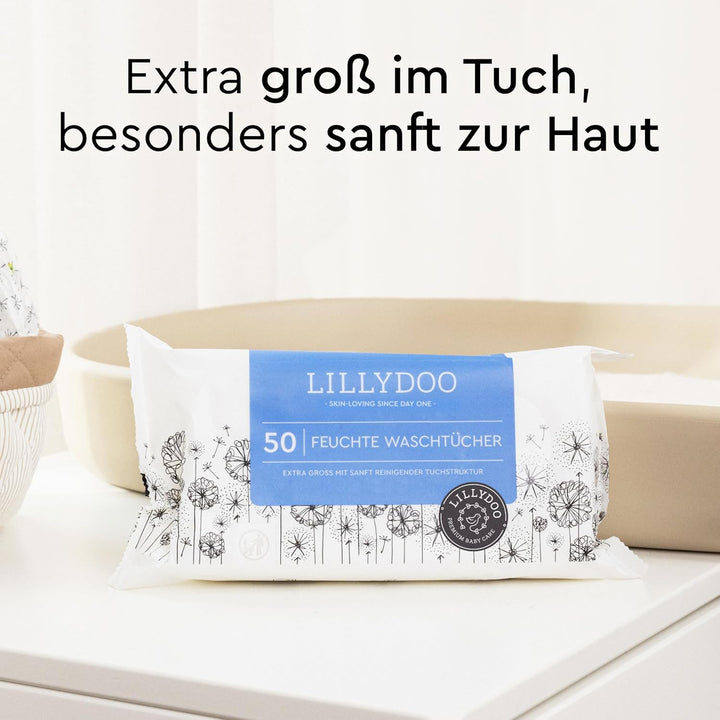 LILLYDOO Feuchte Waschtücher 350 Stück (7 X 50), 100% plastikfrei, extra grosses Tuch, ohne Parfüme