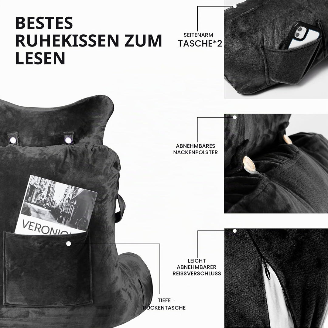 SLIGUY Lesekissen Bettauflage Kissen mit Nackenrolle &amp; höherem Stützarm zum Sitzen in Bett, Couch od