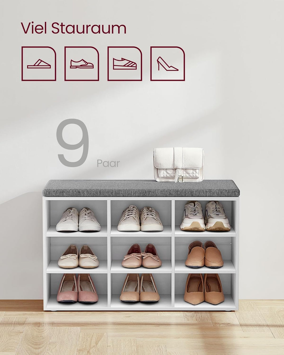 VASAGLE Schuhbank, Schuhregal mit Sitzfläche, Sitzbank mit Stauraum, Kissen, 9 Fächer, verstellbare