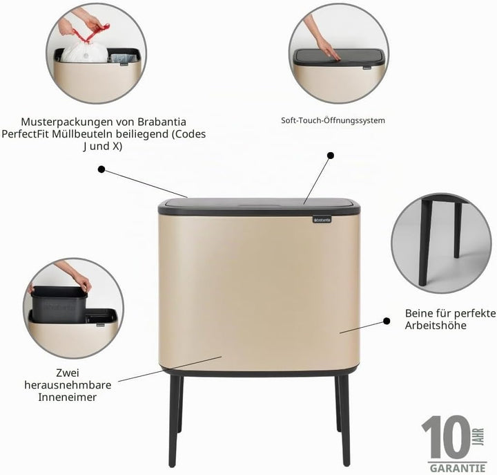 Brabantia Bo Touch Mülleimer Recycling, Metallic Gold, 11 + 23L 2 Inneneimer (11 + 23L) Champagne, 2