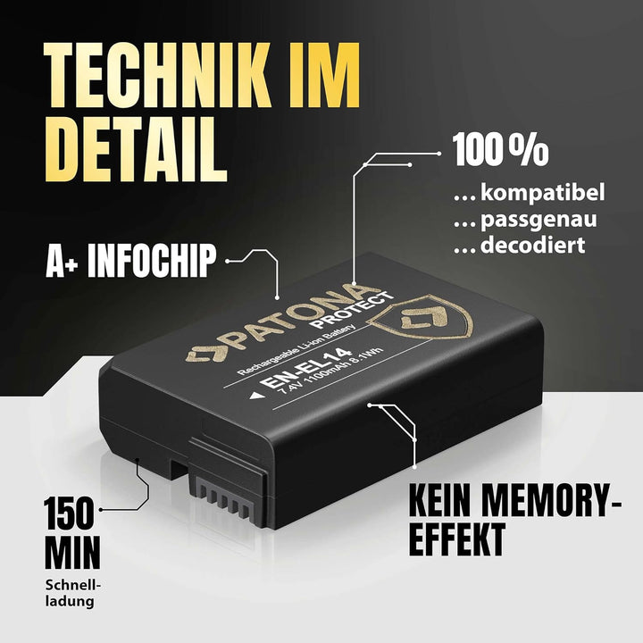 PATONA Protect V1 EN-EL14 EN-EL14a Akku (1100mAh) mit NTC-Sensor und V1 Gehäuse 1x EN-EL14 Protect V