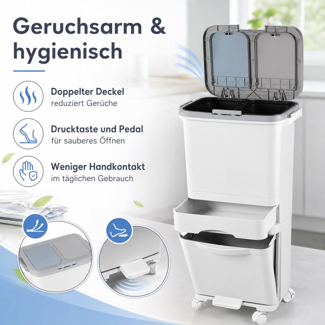 Grossvolumiger 42-Liter-Mülleimer mit 3 Fächern und Druckdeckel – Treteimer mit Fusspedal und Lenkro