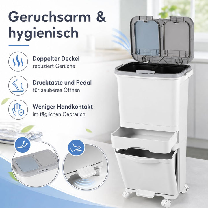Grossvolumiger 42-Liter-Mülleimer mit 3 Fächern und Druckdeckel – Treteimer mit Fusspedal und Lenkro