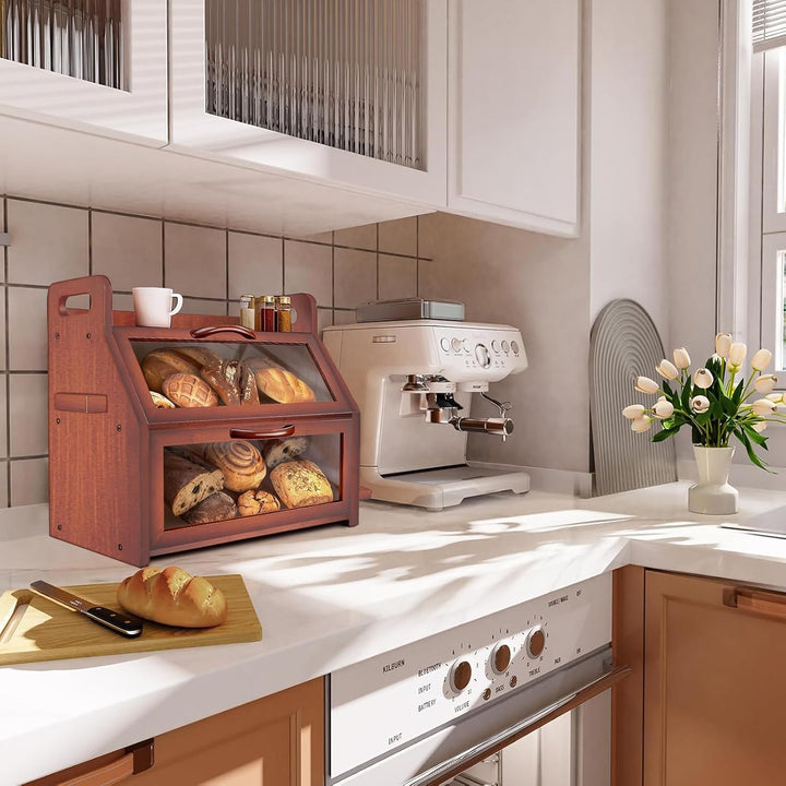 BAMBANG Extra Grosses Brotkasten, 2 Etagen Bambus Brotbox für Küchen, Holz Brotbehälter mit Werkzeug
