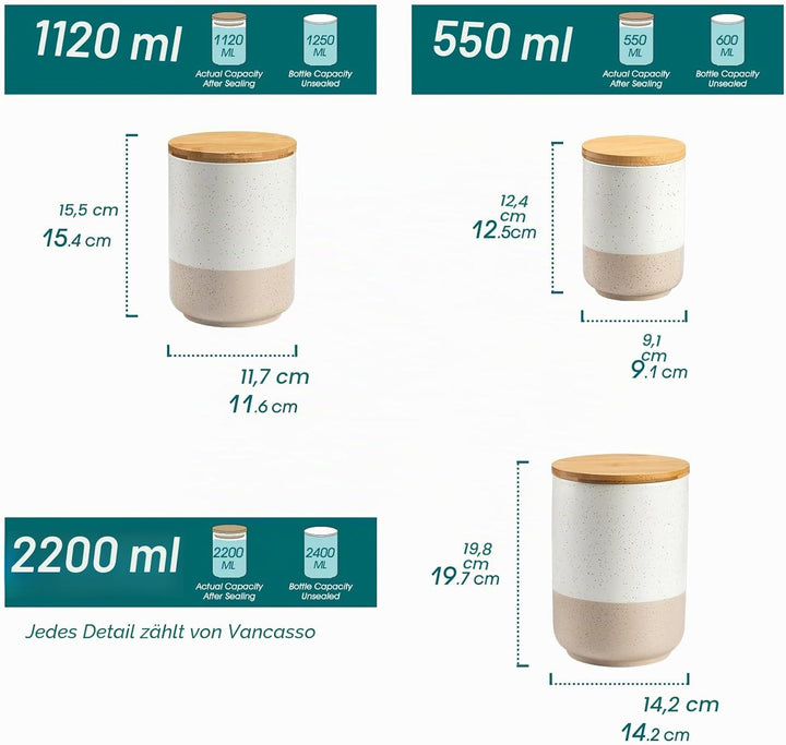 vancasso Vorratsdosen Keramik mit Luftdichten Deckel, Vorratsbehälter 2200 ml/ 1120 ml/ 550 ml, Daue