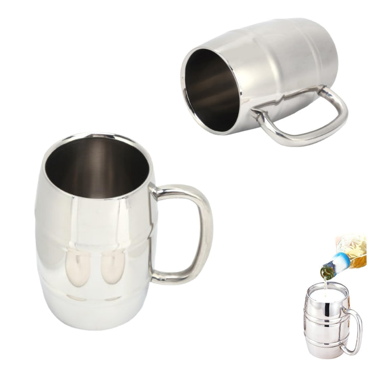 2 Stück Edelstahl Bierkrug, Metall Doppelwand Bierkrug Fass Bierkrug Reisebecher mit Griff Kaffeetas