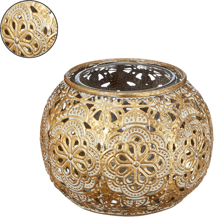 Windlicht 3er Set Mandala-Design │ Glas Metall 9x7cm Gold weiss │ Glaseinsatz für Kerze Teelicht (1