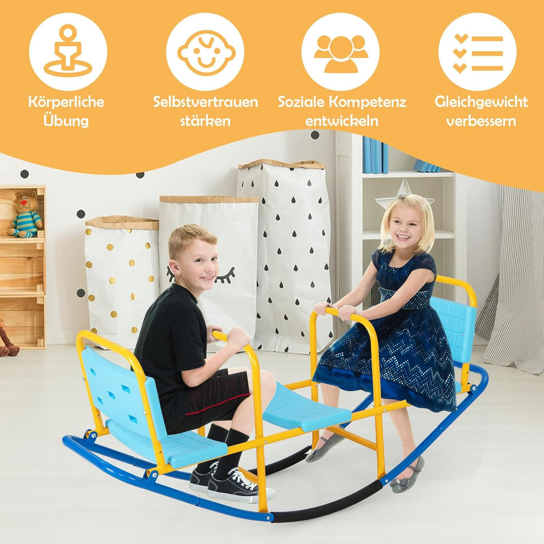 DREAMADE 3 Sitzer Kinder Wippe mit Rückenlehnen und Griffe, Schaukelwippe Metall 136x60x39cm, Karuss