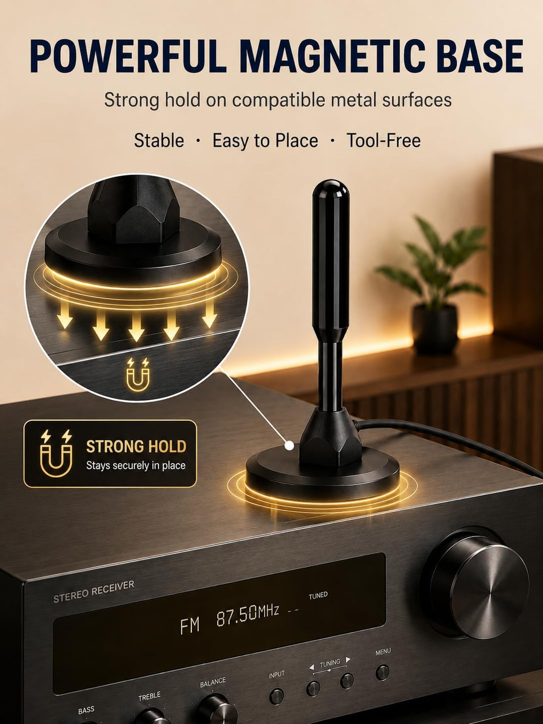 Superbat FM UKW Radio Antenne mit Magnetfuss & 3m Verlängerungskabel | F-Stecker + 3 Adapter | Kompa