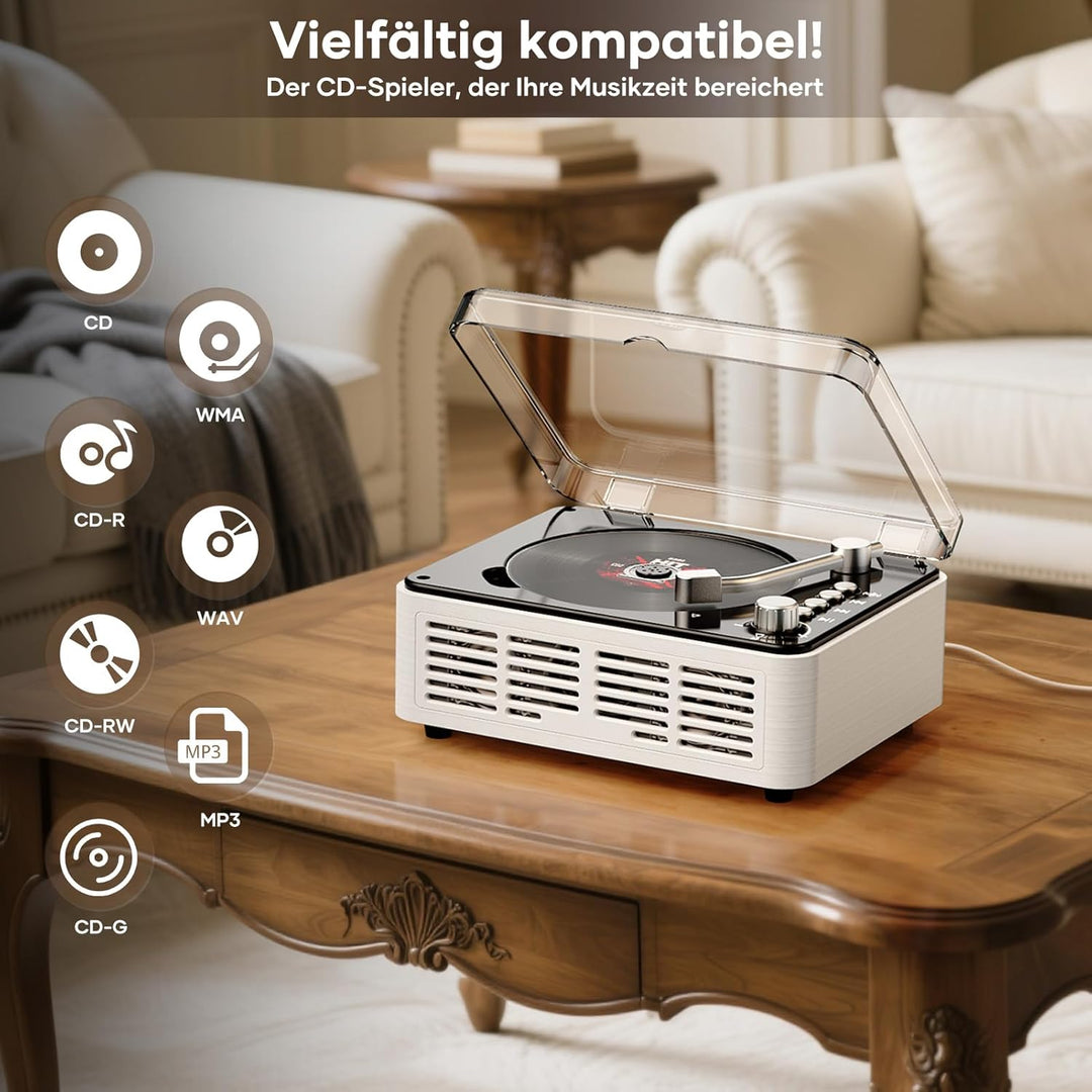Tragbarer Bluetooth CD Player mit Fernbedienung - Timzeit Weisse Retro CD Spieler mit HiFi-Sound Lau