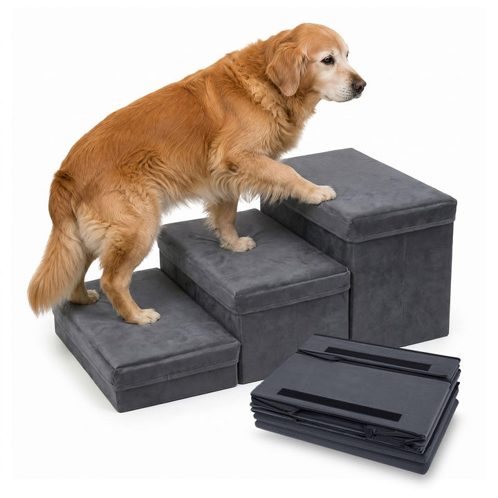 Hundetreppe Mit Stauraum 3 Stufen Faltbar 75x40x30cm - Rutschfeste Haustiertreppe Für Bett Und Sofa