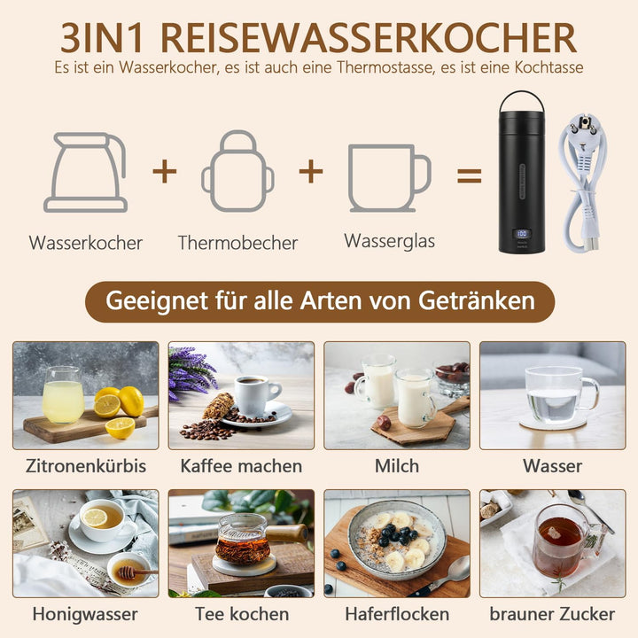 Reise Wasserkocher Klein, Elektrische Wassertasse,220V 300W Schnellkoch-Teekanne-Heizbecher mit Temp