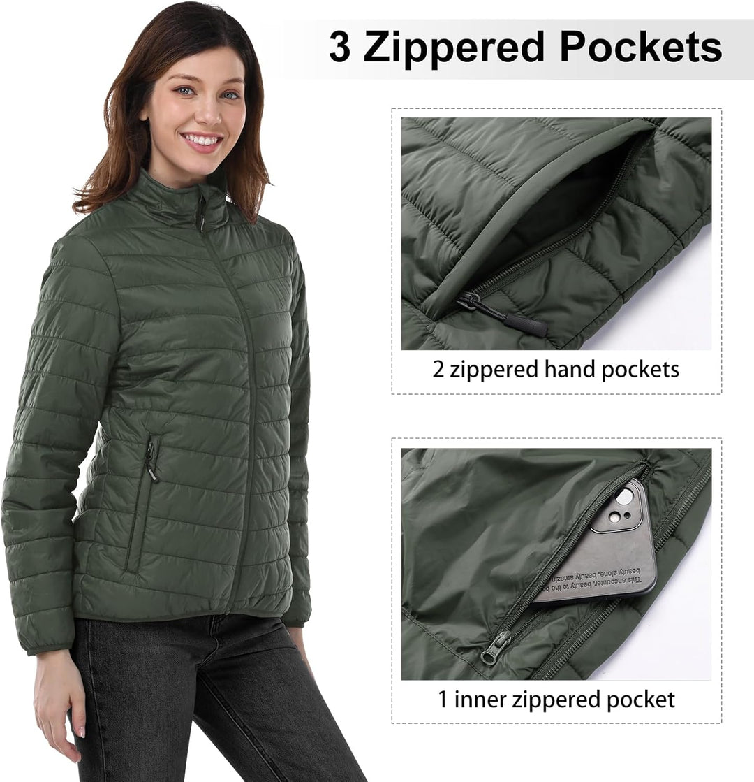 Outdoor Ventures Damen Steppjacke Leichte Warme Packbare Übergangsjacke Puffer Jacke für Frauen Gefü