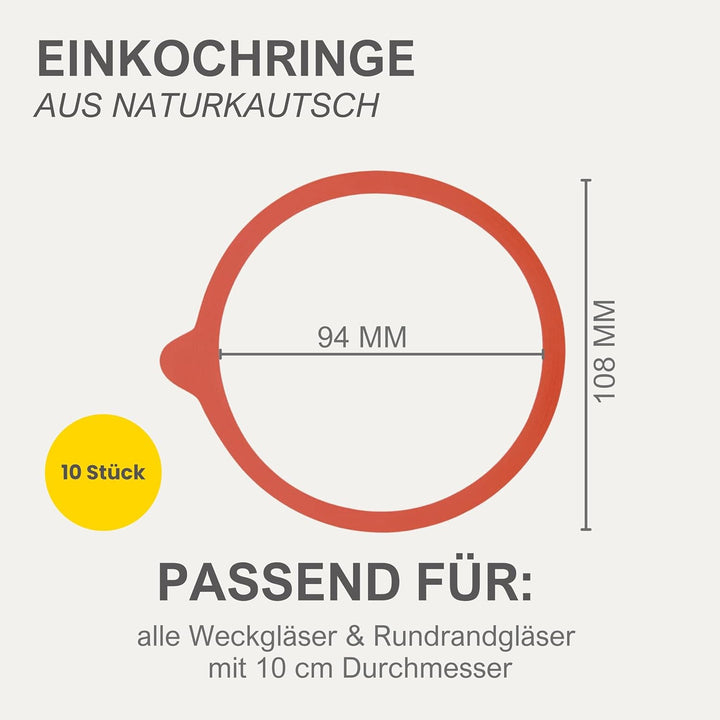 mikken Einmachset-Set 10 Weckringe 94x108 mm Gummiringe für Weckgläser 10 cm und 20 Metallklammern