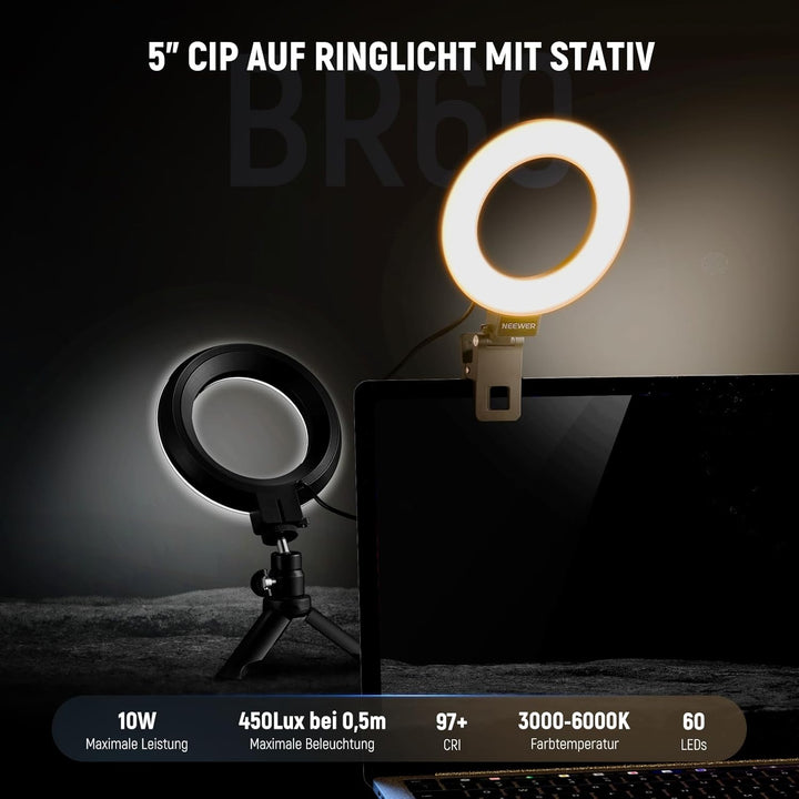 NEEWER Basics 5" Ringlicht mit Mini Stativ Ständer für Tisch Videokonferenz Licht, Clip on Streaming