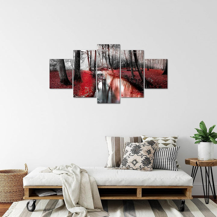 Runa Art Bild Schlafzimmer Wohnzimmer Wald Landschaft 5 Teilig Fluss Rot Wandbilder auf Vlies Leinwa