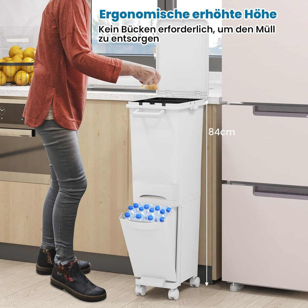 FANTASK 3 in 1 Mülleimer 32L auf Rädern, Abfalleimer Küche mit Kippbehälter & 2 Fächer, Schublade &