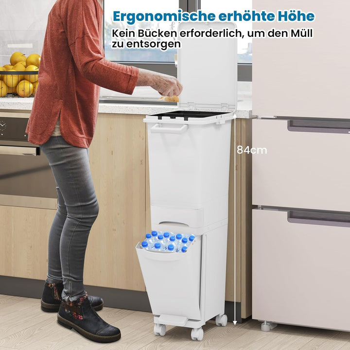 FANTASK 3 in 1 Mülleimer 32L auf Rädern, Abfalleimer Küche mit Kippbehälter & 2 Fächer, Schublade &