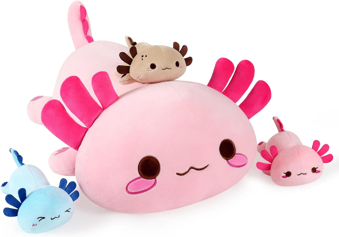 Shownicer Plüschtier Axolotl Kuscheltier Stofftier Kawaii Plüsch, Mama & 3 Babys Plüschkissen Spielz