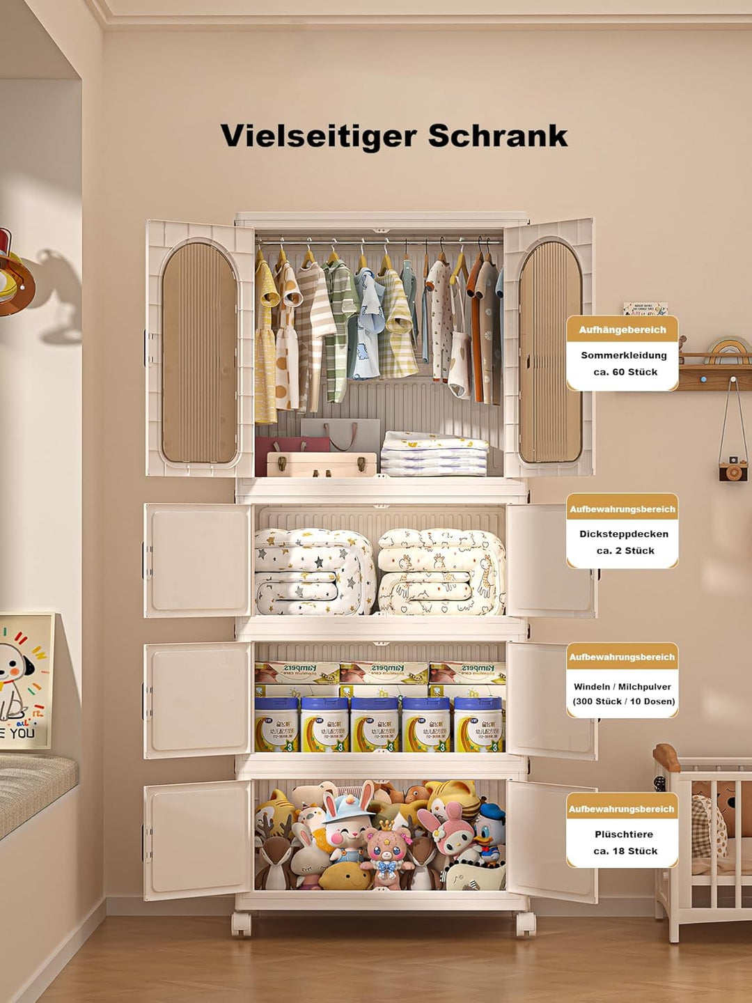 Faltbarer Kleiderschrank mit Rollen, 455L, 4 Ebenen Kunststoffschrank, Transparente Türen, Staubdich