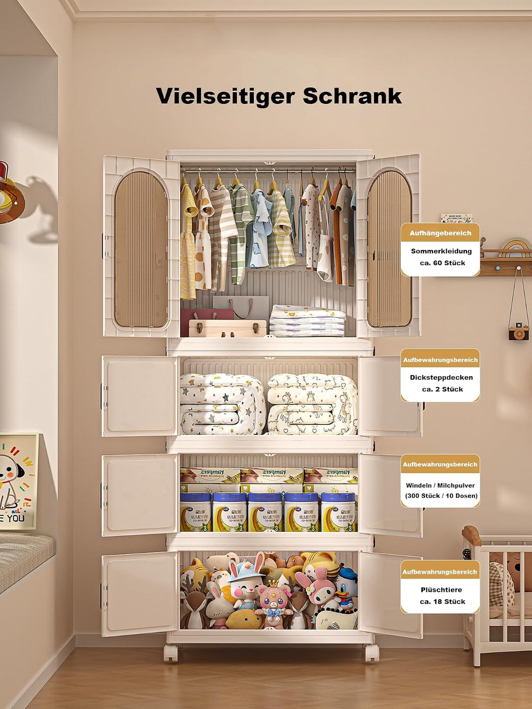 Faltbarer Kleiderschrank mit Rollen, 455L, 4 Ebenen Kunststoffschrank, Transparente Türen, Staubdich