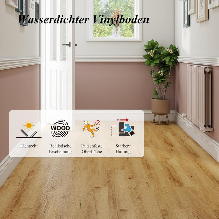 Mysflosy Vinylboden Selbstklebend, PVC Bodenbelag holzoptik wasserdicht, Eiche Europäische 15,24cm x