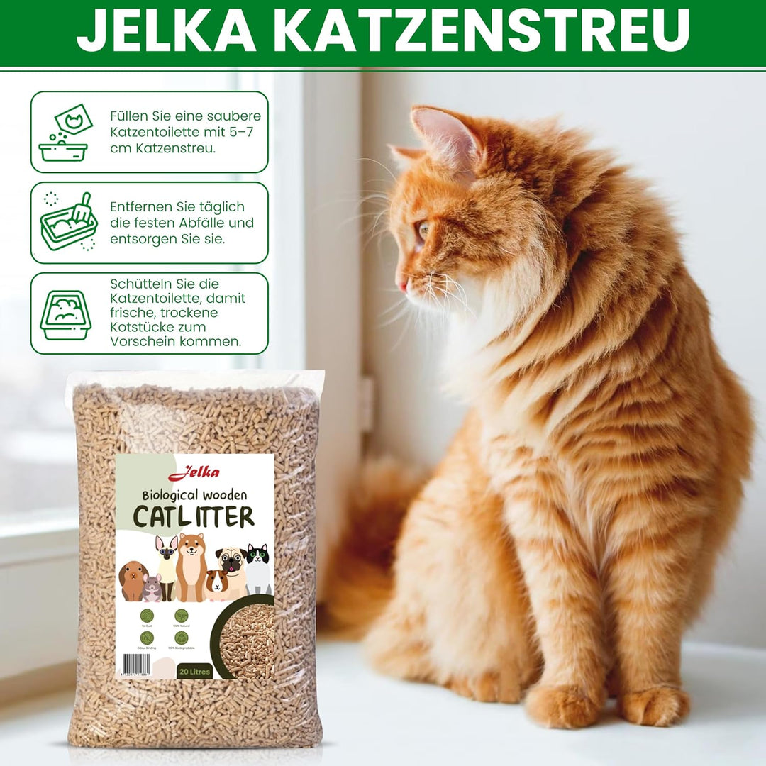 Jelka Holzstreu Katzenstreu 2 x 10KG (20kg - 40L) - Biologisch abbaubare Holzkörner - 100% Natur