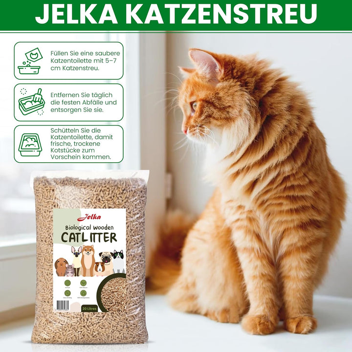 Jelka Holzstreu Katzenstreu 2 x 10KG (20kg - 40L) - Biologisch abbaubare Holzkörner - 100% Natur
