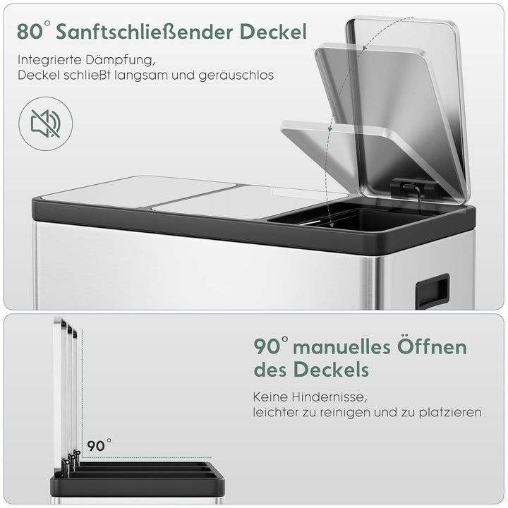 Clevich Mülltrennsystem 3×15L aus Stahl, Mülleimer 3 Fächer mit farbcodierten Pedalen, Abfalleimer m