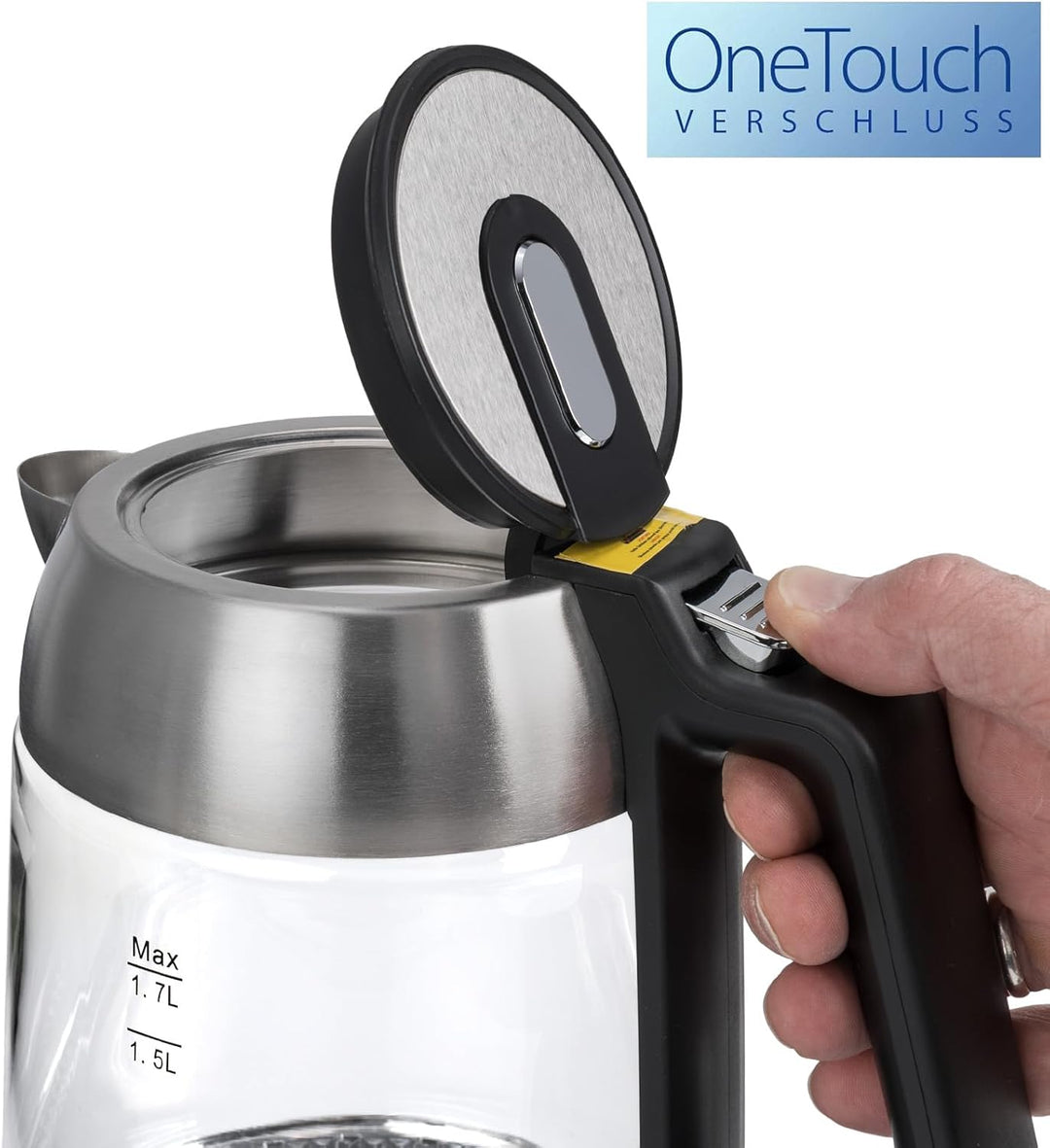 Wasserkocher 1,7L (2200W) Edelstahl, LED-Beleuchtung, Kalkfilter, OneTouch-Verschluss, Kabelaufwickl