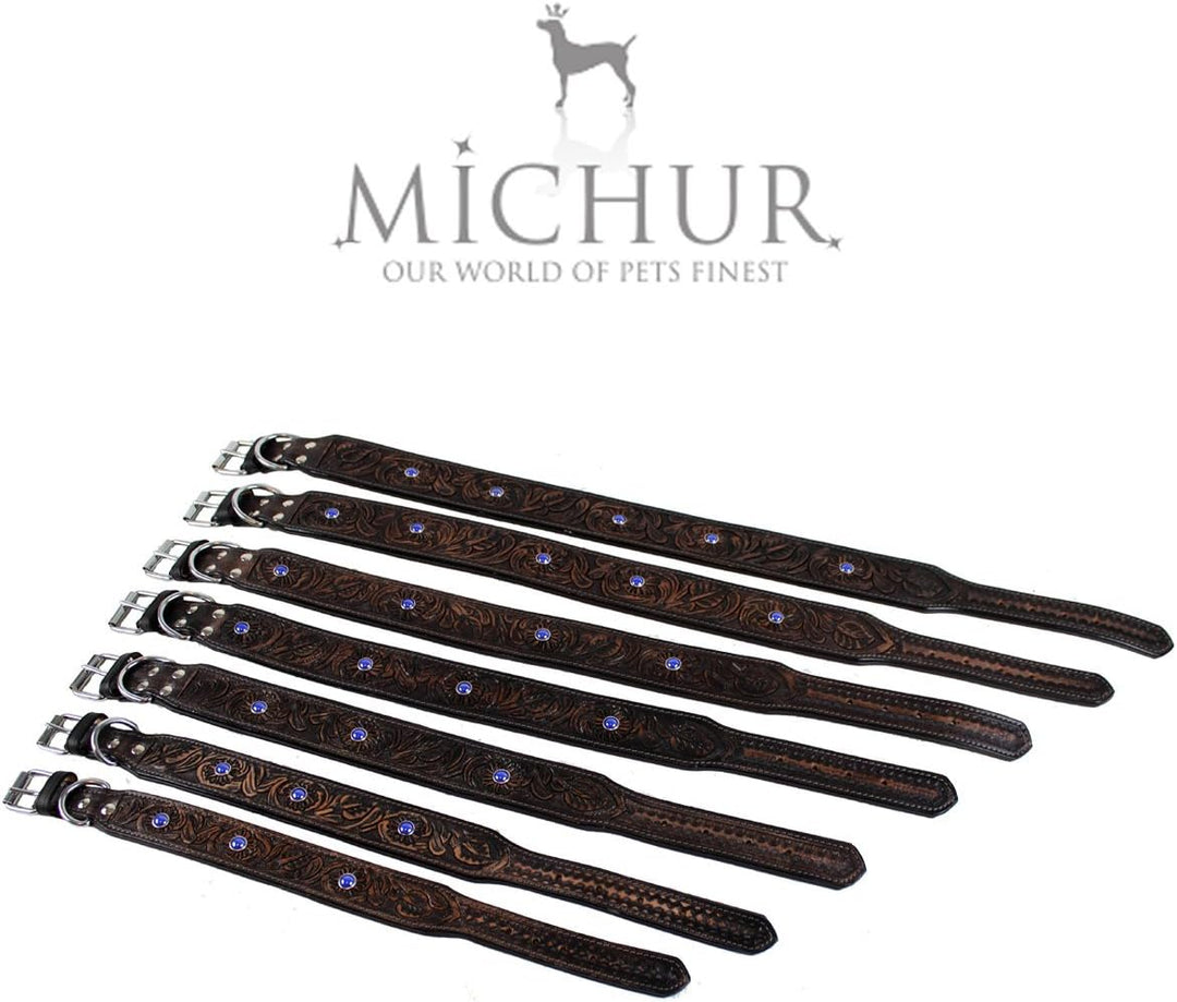 MICHUR Antonio Hundehalsband Leder, Lederhalsband Hund, Halsband, BRAUN, Leder, mit blauen Steinchen
