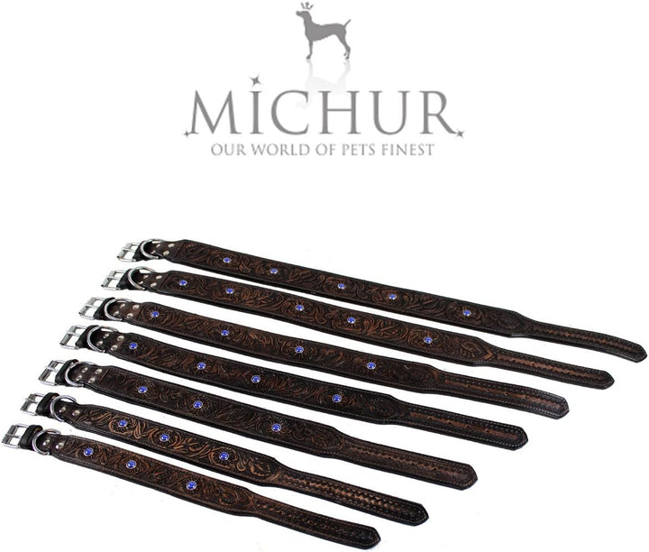 MICHUR Antonio Hundehalsband Leder, Lederhalsband Hund, Halsband, BRAUN, Leder, mit blauen Steinchen