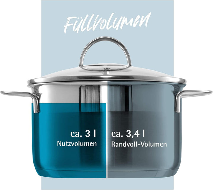 GRÄWE Kochtopf inkl. Glasdeckel, 3 l, Spülmaschinengeeignet, Topf für Induktion, Edelstahl, Ø 20 cm,