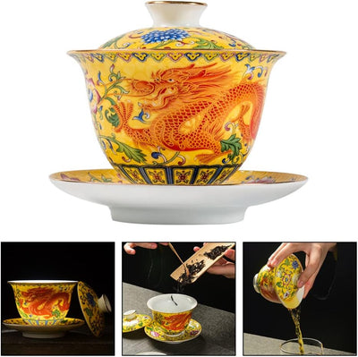 Emaille-Teetasse mit Deckel und Untertasse, Motiv: gelber Drache, traditionelles chinesisches Gaiwan