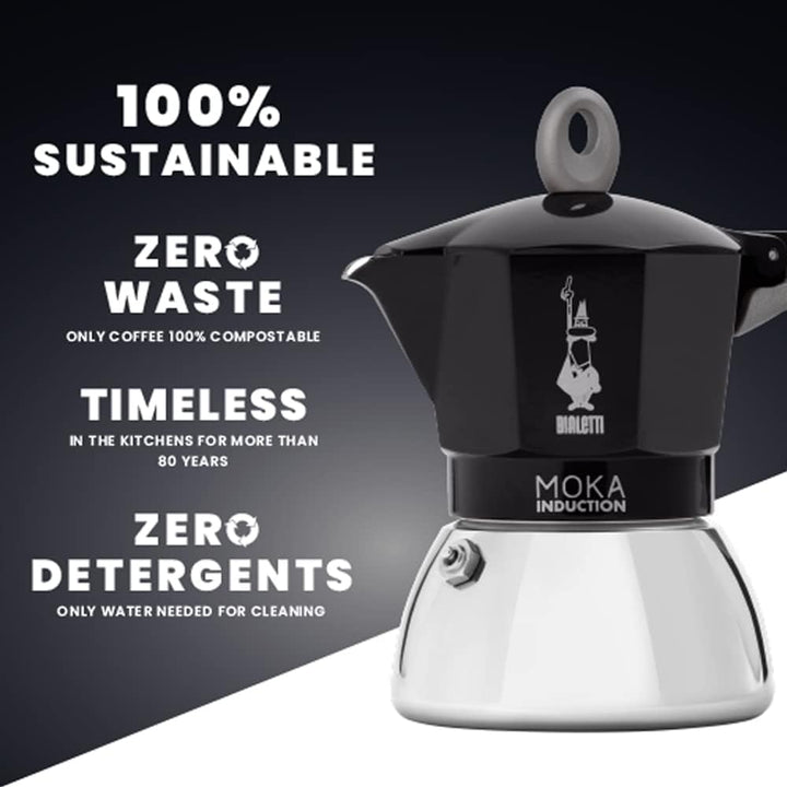 Bialetti - Moka Induction, Moka-Kanne, Geeignet für Alle Herdarten, 2 Tassen Espresso (100ml), Schwa