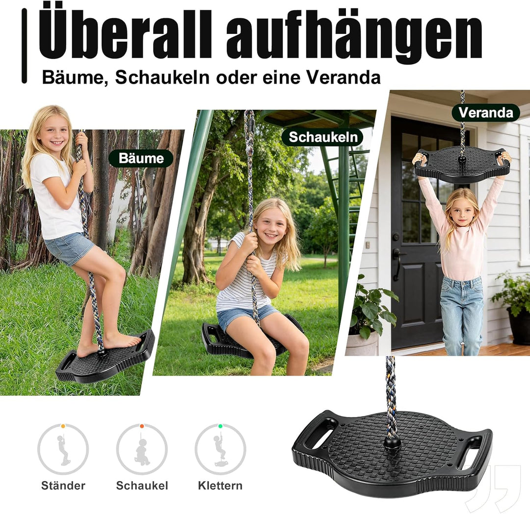 4-in-1 Kletterseil Schaukel Kinderschaukel mit Grossem Scheiben Schaukelsitz | Stehen, Sitzen, Klett