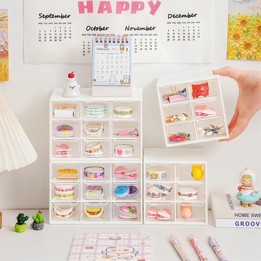 2 Stück Bastelbox Aufbewahrung mit 9 Schubladen, Mini Desktop Schublade Organizer, Stapelbar Desktop