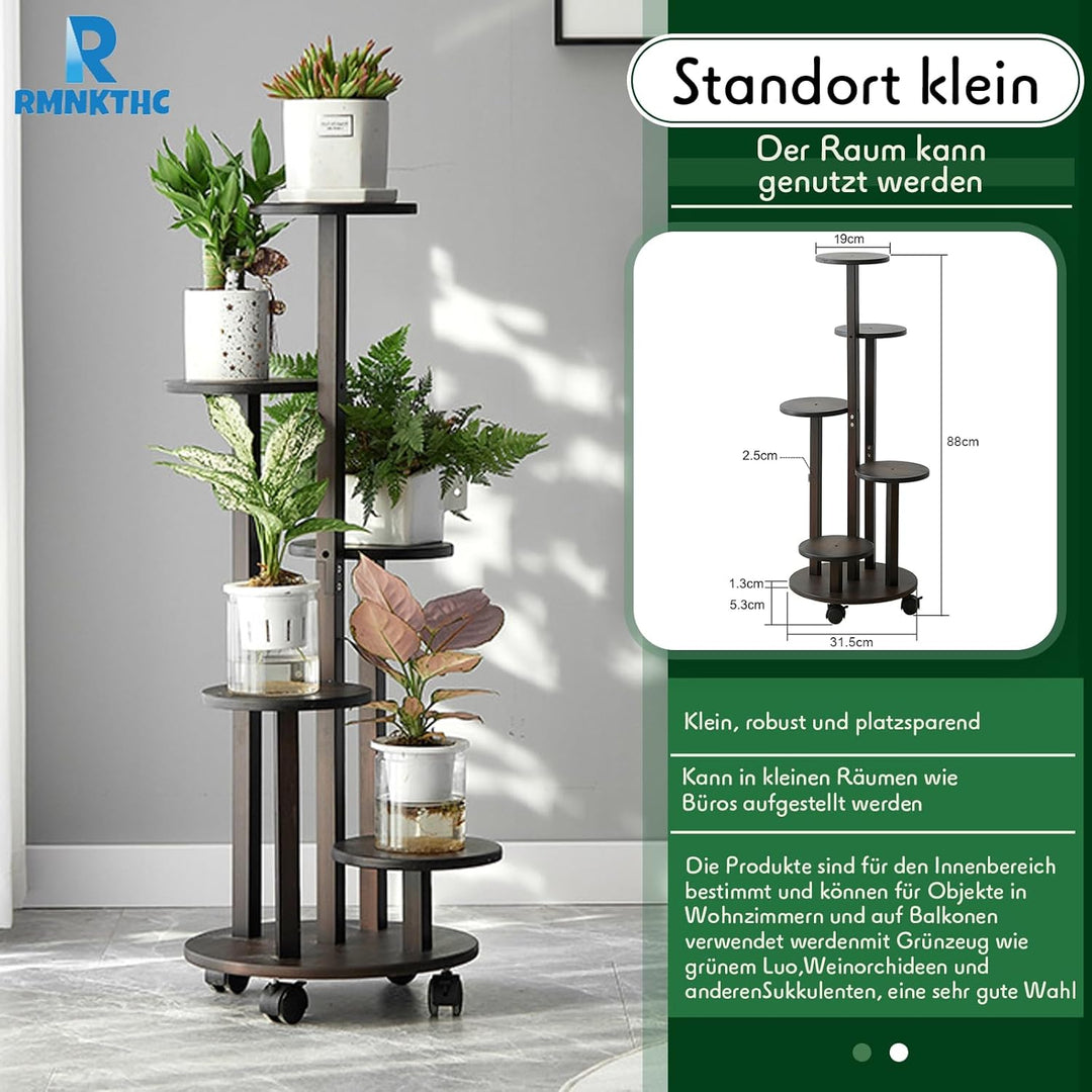Bambus Blumenregal mit Rollen | 5-stufig 20kg Traglast | Naturmaterial wasserfest | Einfache Montage
