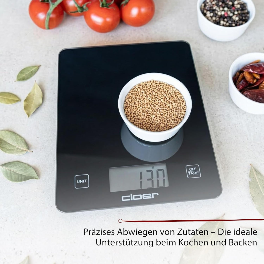Cloer 6870 Digitale Küchenwaage für bis zu 10 kg, Zuwiegefunktion, Gewichtsmessung in 1g Schritten,
