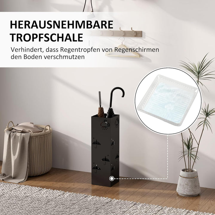 HOMCOM Schirmständer Regenschirmhalter mit 4 Haken, abnehmbare Wasserauffangschale Deko Schirmhalter