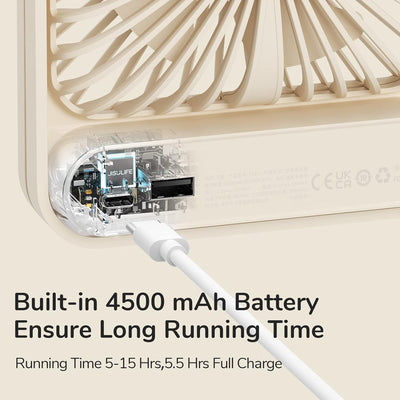 JISULIFE Tischventilator Batterie Wiederaufladbarer Ventilator，4500mAh 180° Faltbarer Tragbarer Pers