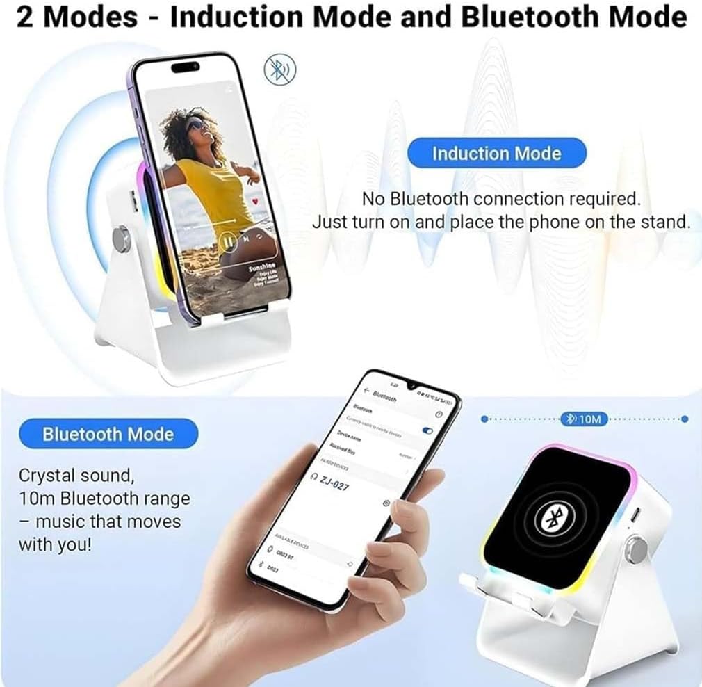 5-in-1 kabelloser Induktionslautsprecher mit verstellbarer Handyhalterung, 3500 mAh wiederaufladbare