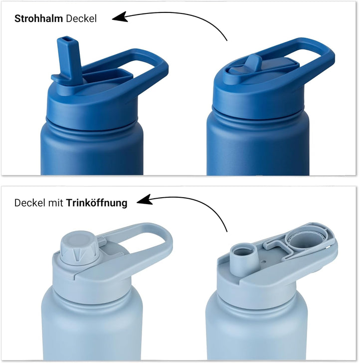 Vinsun Trinkflasche Edelstahl azurblau 750ml - auslaufsicher, Kohlensäure geeignet, BPA frei - Stroh