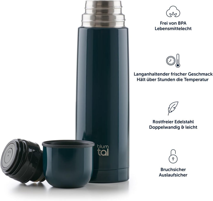 Blumtal Thermoskanne für unterwegs, BPA-frei, Thermobecher, doppelwandige Isolierung, Edelstahlbeche