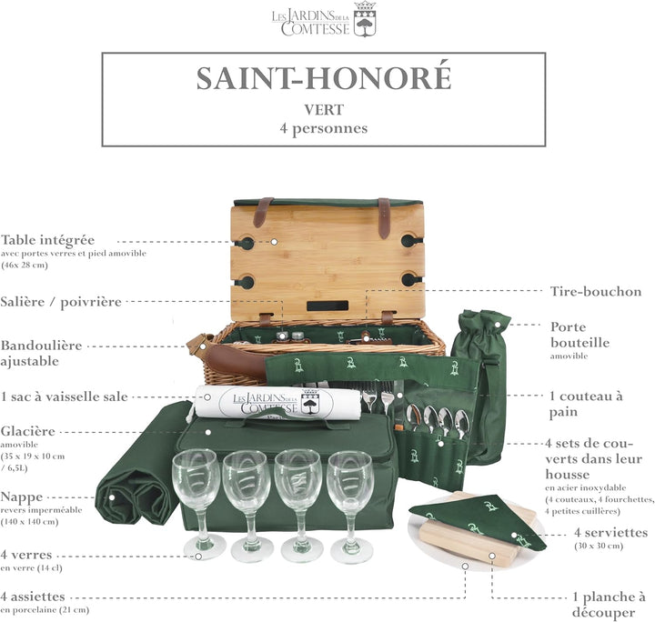 Les Jardins de la Comtesse - Picknickkorb Saint Honoré Grün aus Weide - Lederriemen - Komplett Für 4