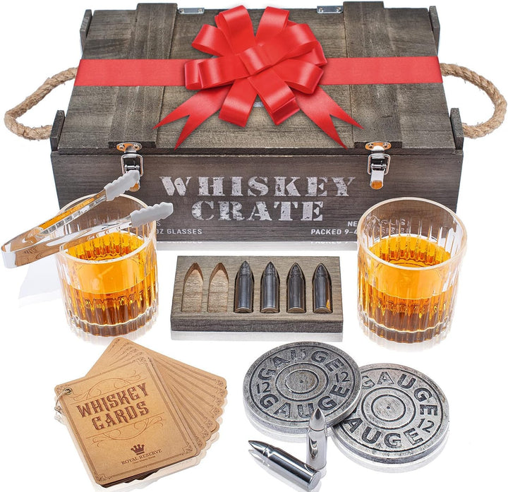 Whisky Geschenkset – Whiskey Gläser, Kugeln Steine und Untersetzer, Eiszange, Holzkiste, Geschichts-